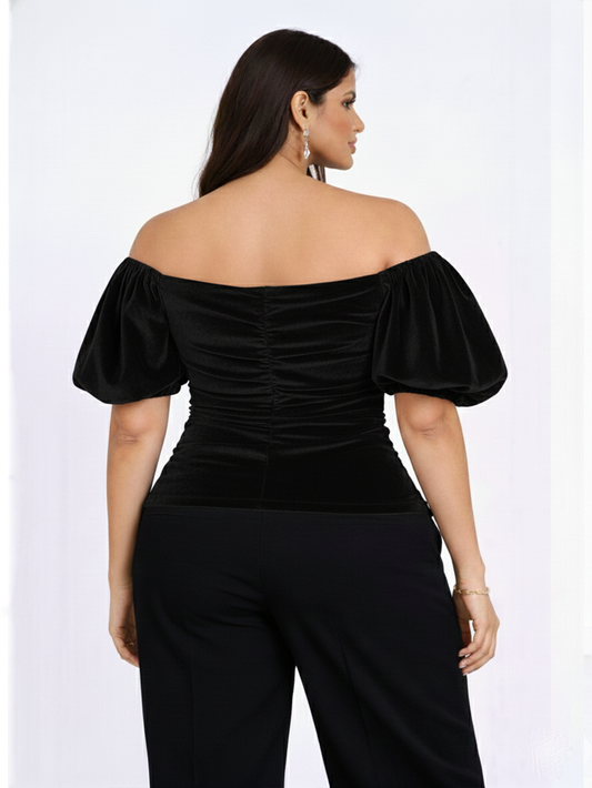Velvet Off-Shoulder Puff Sleeve Top - Black