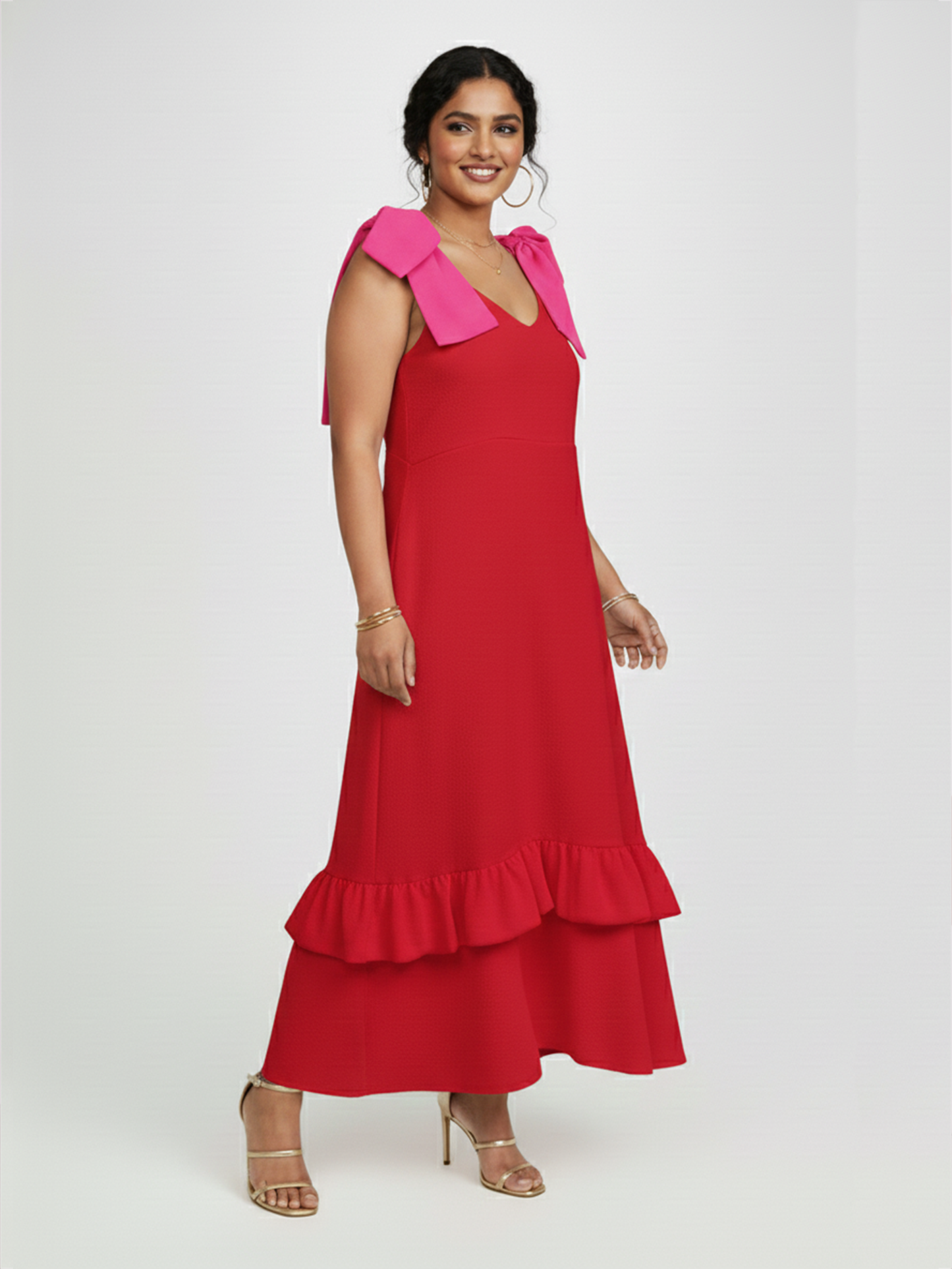 Tiered Dress with Bow - Red