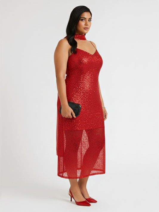 Sequins Slip Dress with Scarf - Red