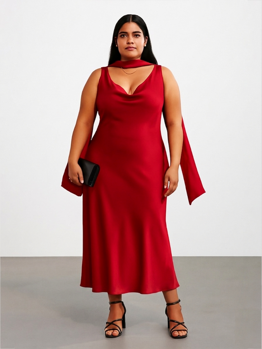 Cowl Neck Slip Dress- Red