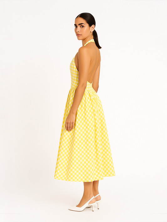 Gingham Gatherd Victoria Dress- Yellow