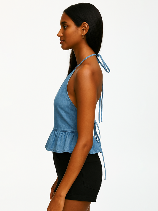 Halter Neck Gathered Top- Denim