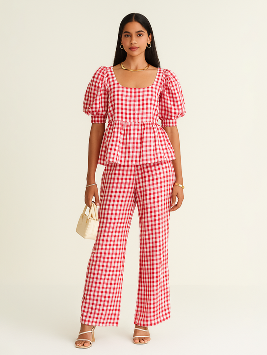 Red Gingham Puff Sleeve Top