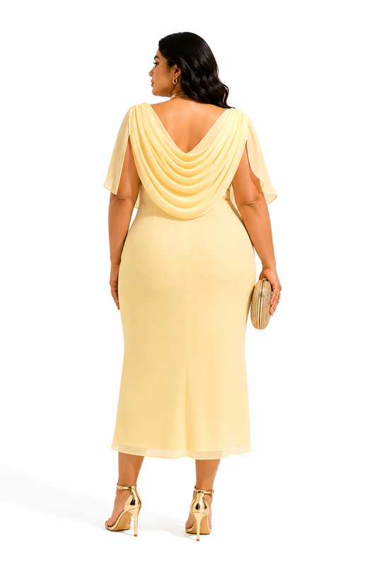 Draped Cowl Neck Midi Dress - Yellow