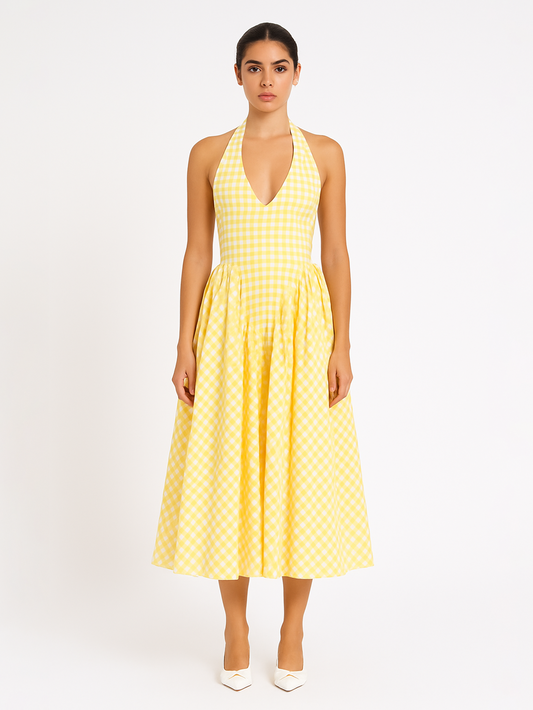 Gingham Gatherd Victoria Dress- Yellow