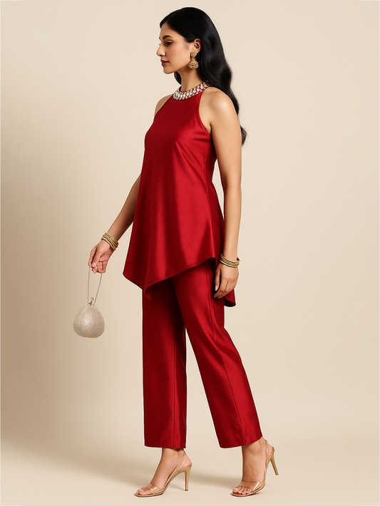 Halter Neck Ethnic Co-ord - Red