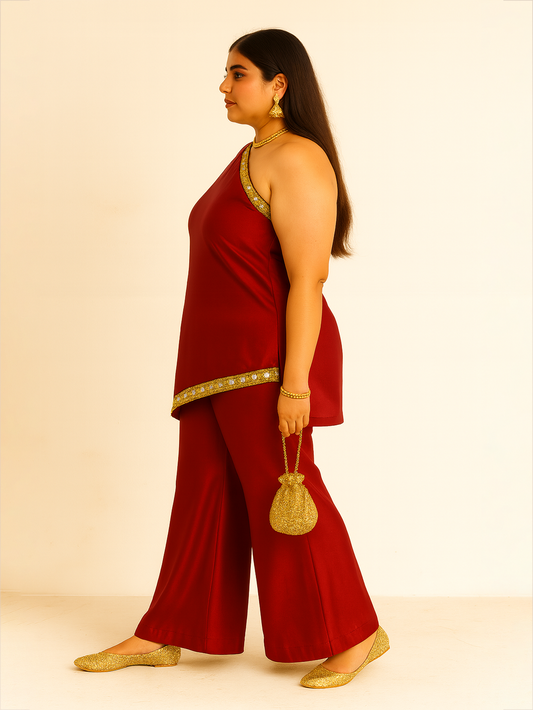 One shoulder Ethnic Set- Red