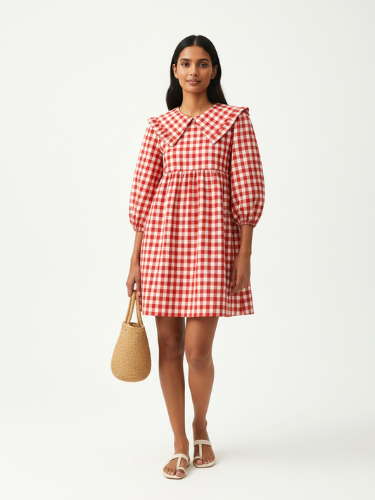 Gingham A Line Short Dress - Red