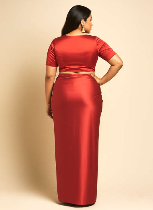 Draped Satin Skirt- Red