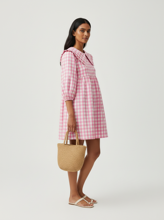 Gingham A Line Short Dress - Pink