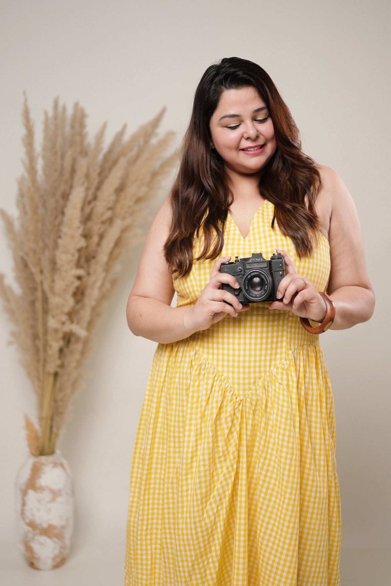 Gingham Gatherd Victoria Dress- Yellow