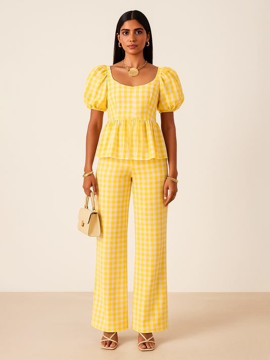 Yellow Gingham Puff Sleeve Top