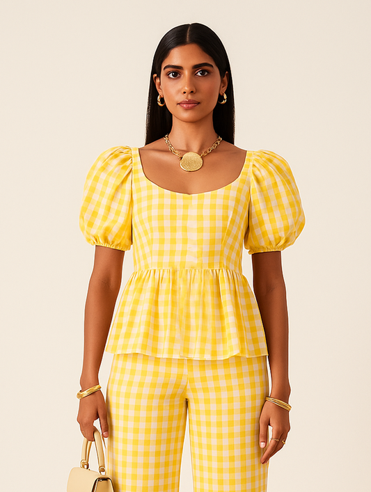 Yellow Gingham Puff Sleeve Top by Backup Studio