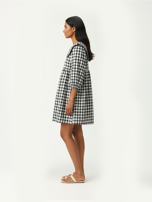Gingham A Line Short Dress - Black