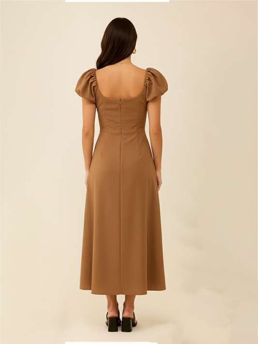 Bella Puff Sleeve A line Dress- Brown