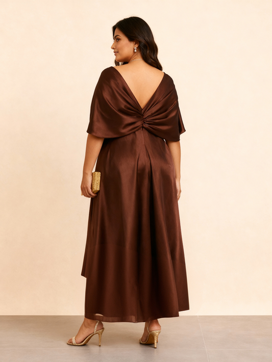 Draped Satin Maxi Dress- Tan