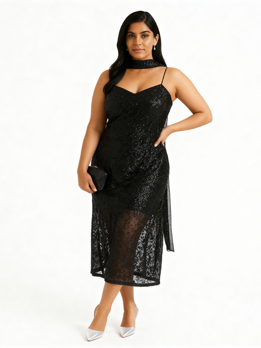 Sequins Slip Dress with Scarf