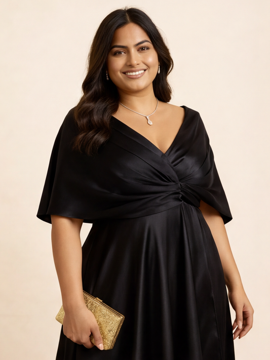 Draped Satin Maxi Dress- Black