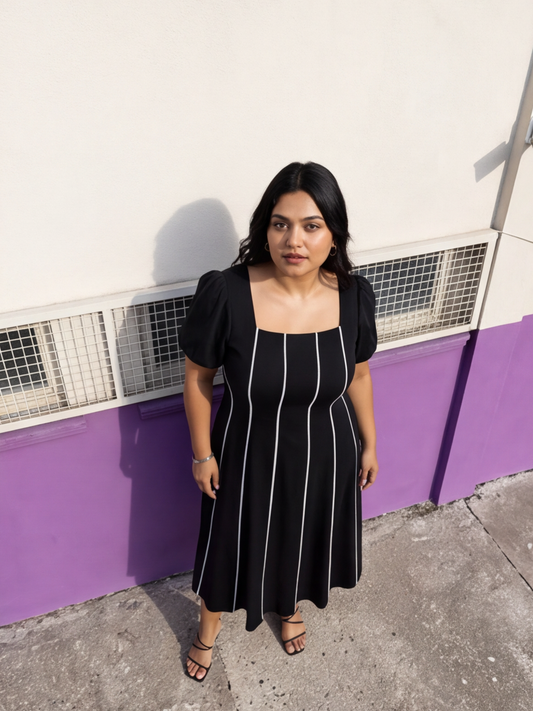 Square Neck Fit & Flare Dress - Black