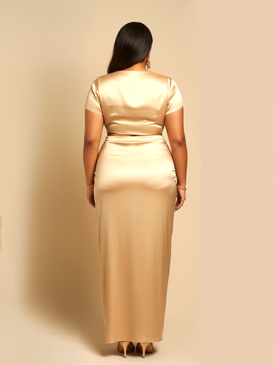 Draped Satin Skirt- Gold