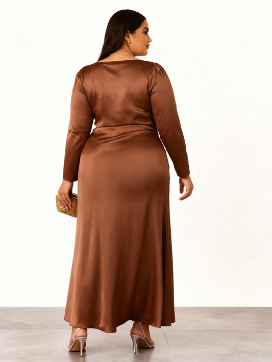 Ilana Gathered Full Sleeves Maxi Dress- Tan