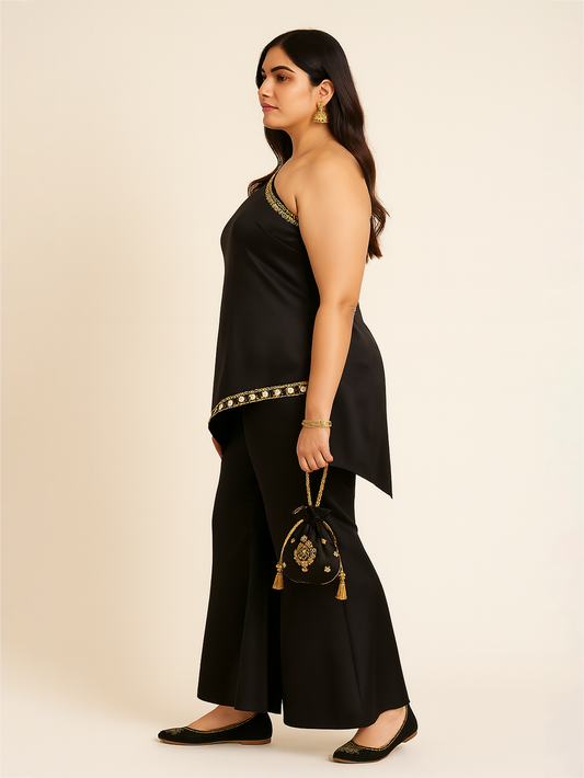 One shoulder Ethnic Set- Black