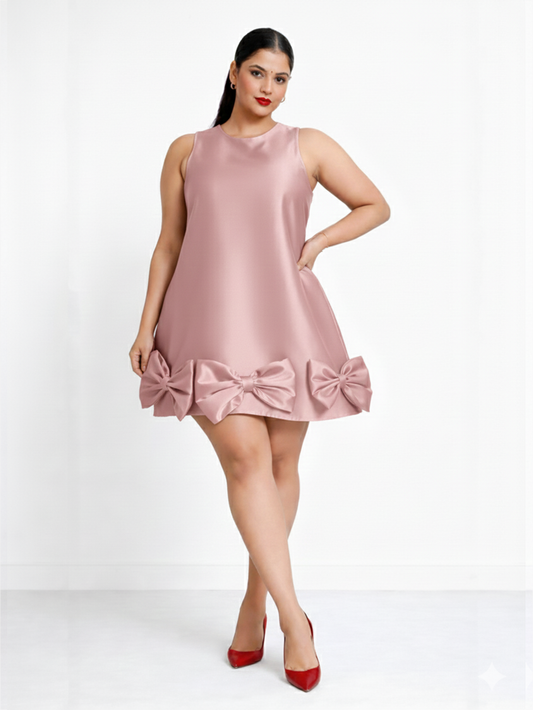 Satin Mini Dress with Bows - Peach