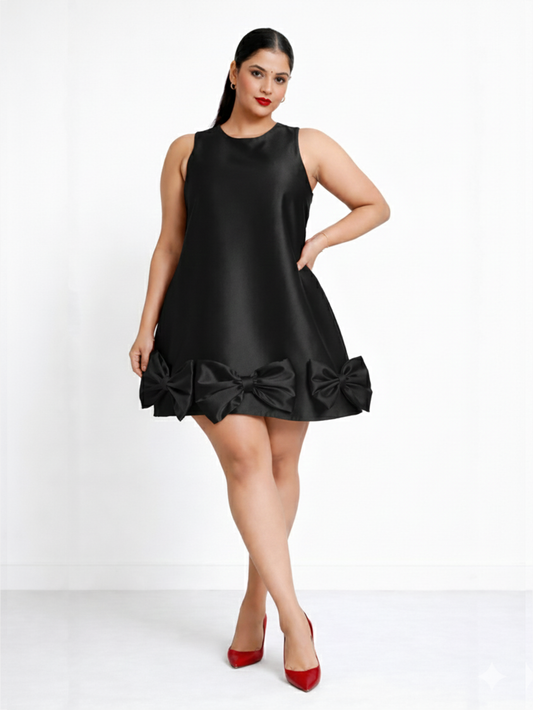 Satin Mini Dress with Bows - Black