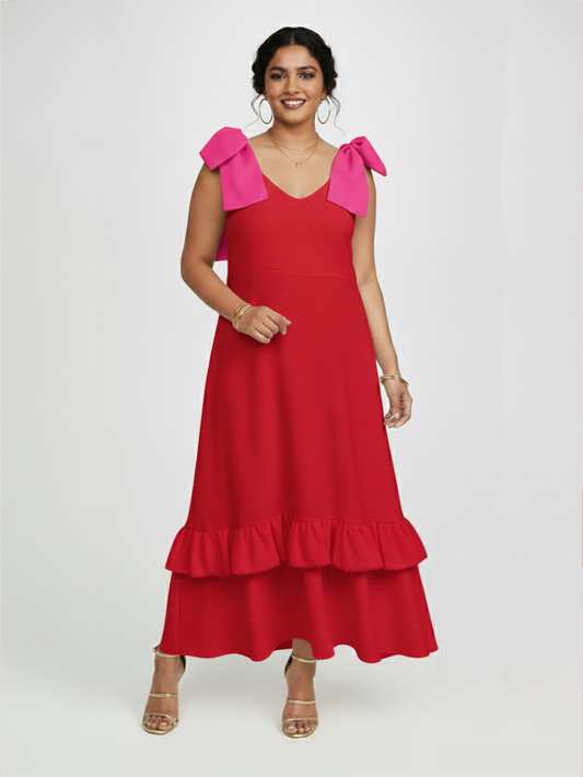 Tiered Dress with Bow - Red