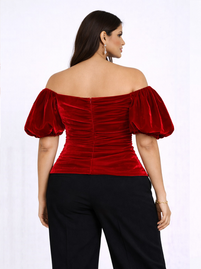 Velvet Off-Shoulder Puff Sleeve Top - Red