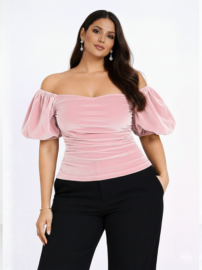 Velvet Off-Shoulder Puff Sleeve Top - Pink