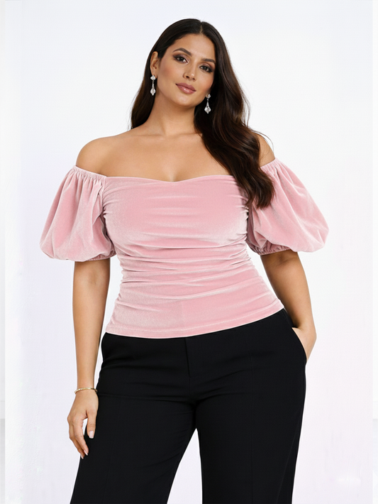 Velvet Off-Shoulder Puff Sleeve Top - Pink