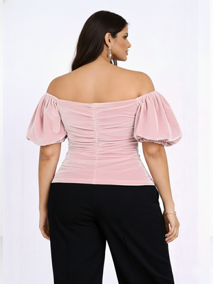 Velvet Off-Shoulder Puff Sleeve Top - Pink