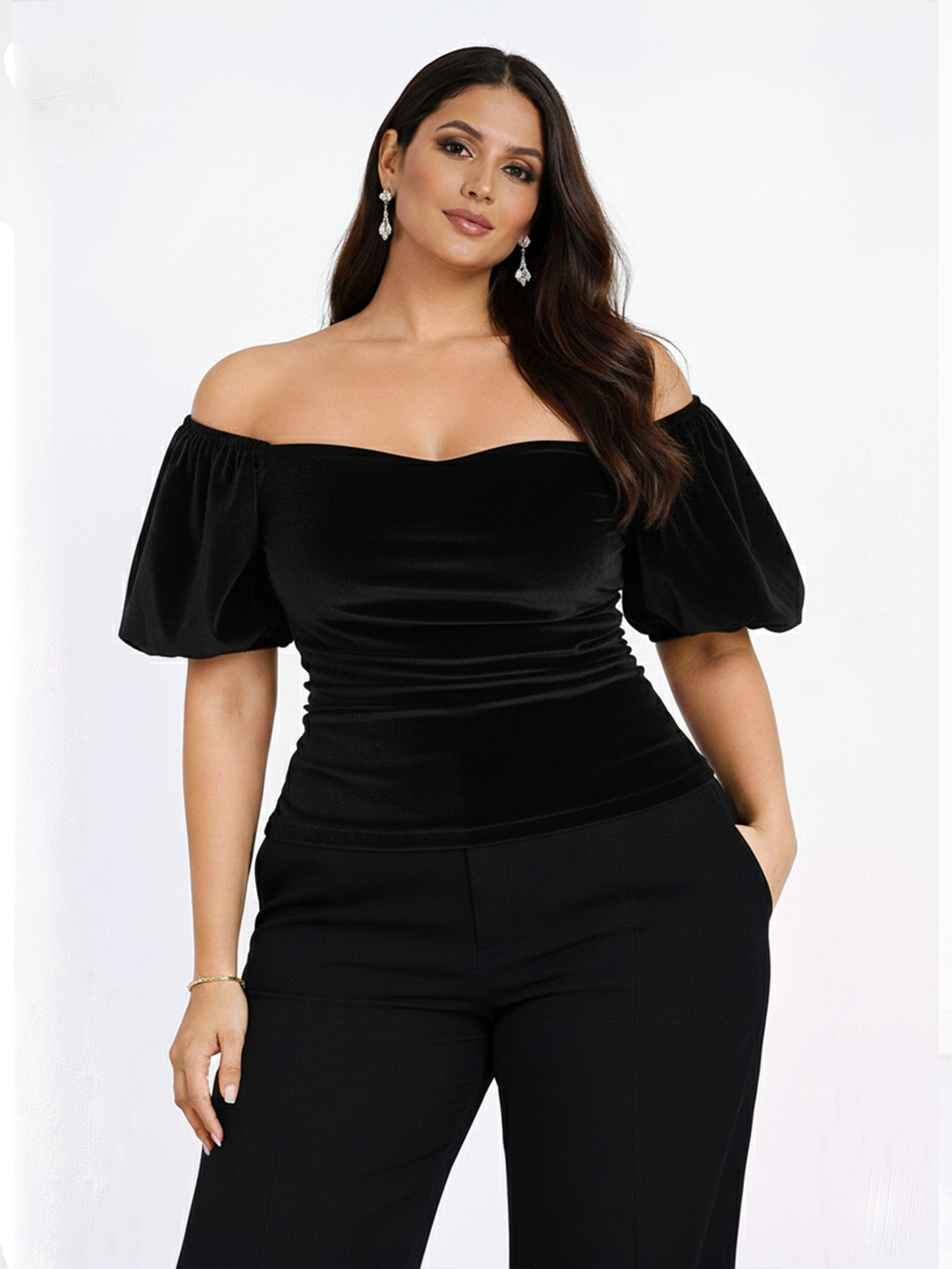 Velvet Off-Shoulder Puff Sleeve Top - Black