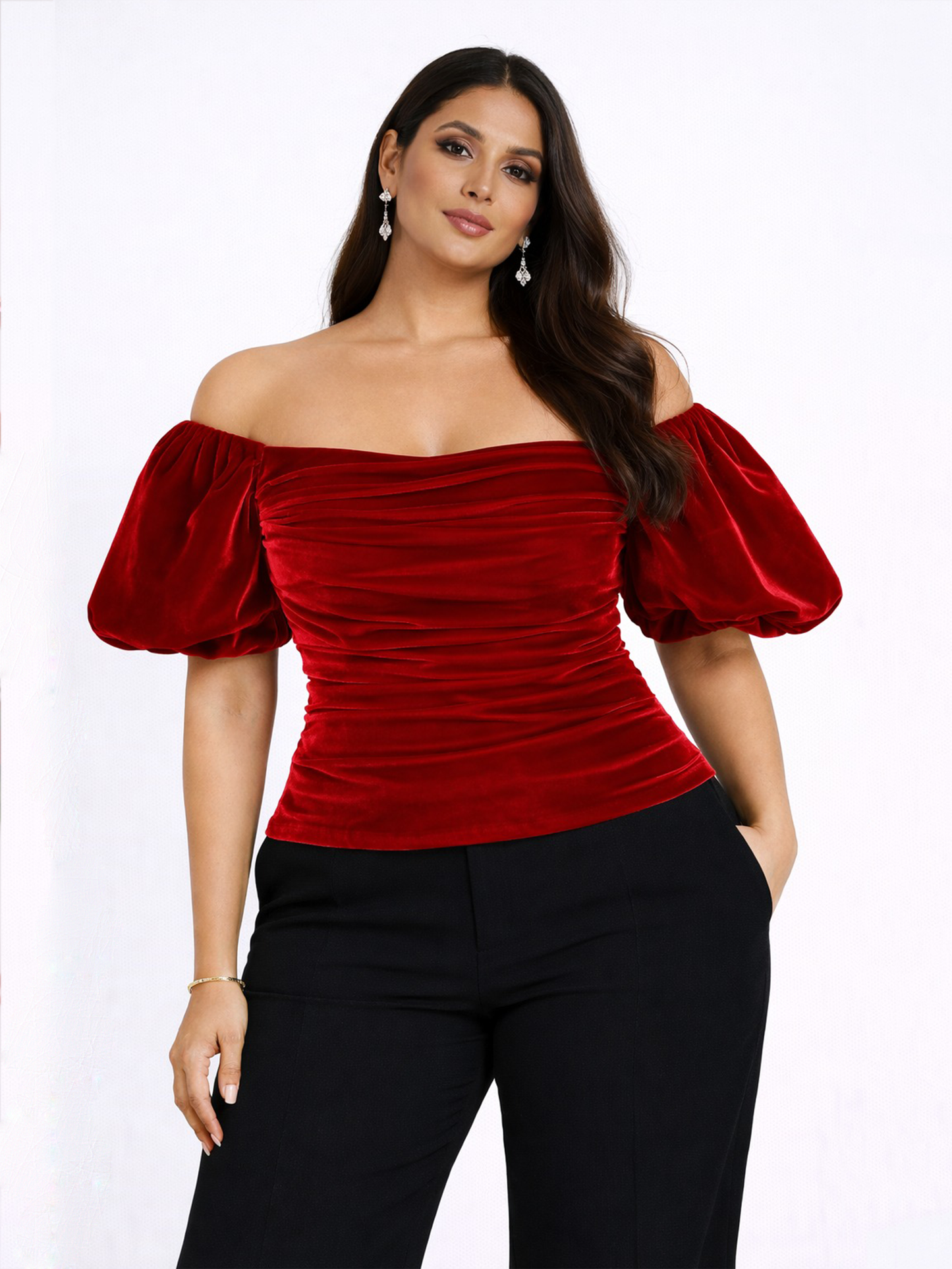 Velvet Off-Shoulder Puff Sleeve Top - Red
