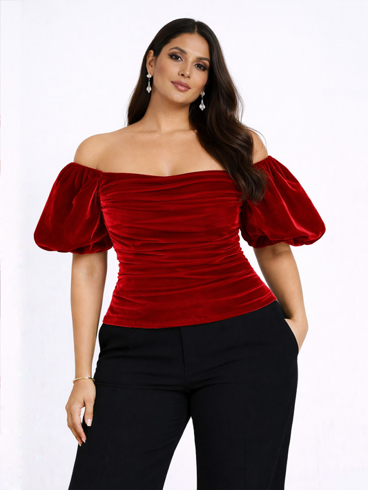 Velvet Off-Shoulder Puff Sleeve Top - Red