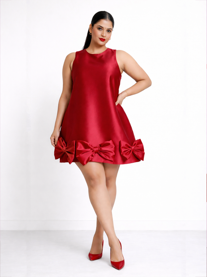Satin Mini Dress with Bows - Red