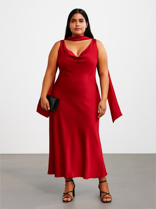 Cowl Neck Slip Dress- Red