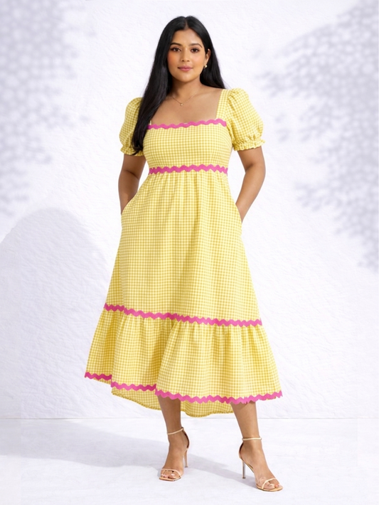 Gingham Scallop Midi Dress - Yellow
