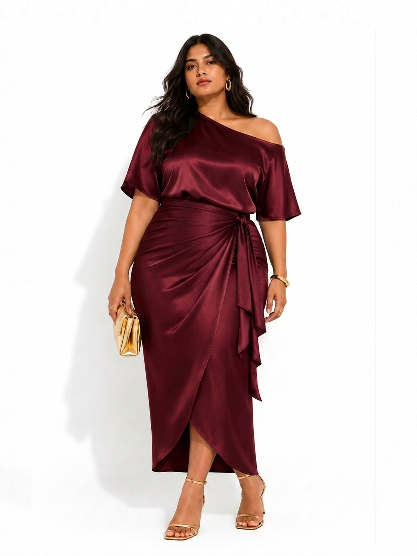Satin Wrap Skirt Co-Ord Set - Maroon
