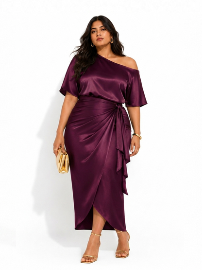 Satin Wrap Skirt Co-Ord Set - Wine