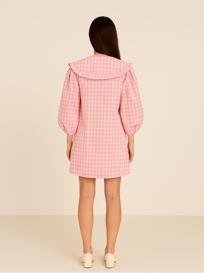Gingham A Line Short Dress - Pink