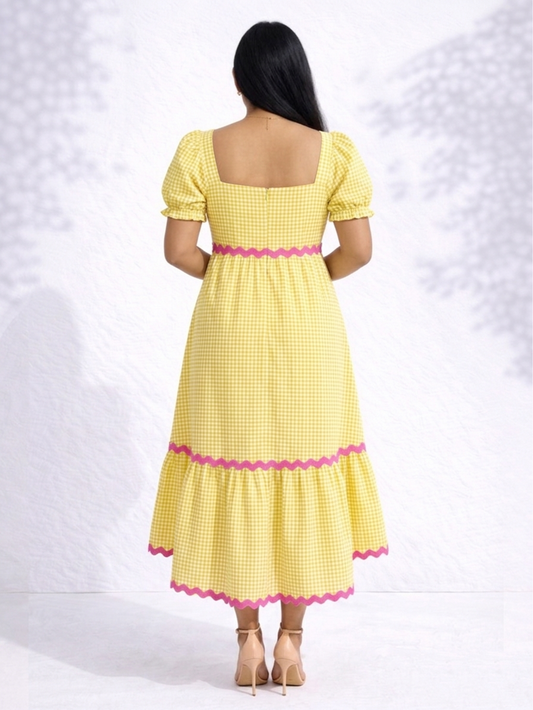 Gingham Scallop Midi Dress - Yellow