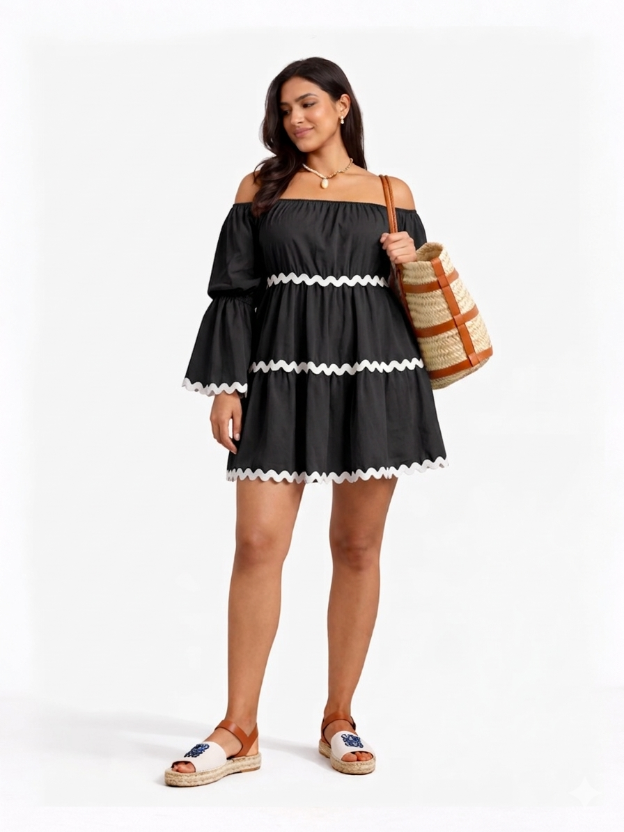 Off-Shoulder Beach Dress   - Black