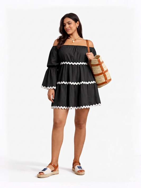 Off-Shoulder Beach Dress   - Black