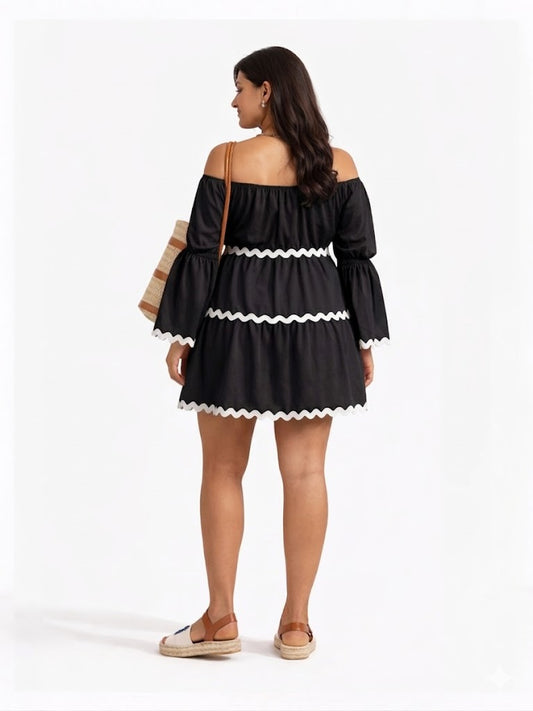 Off-Shoulder Beach Dress   - Black