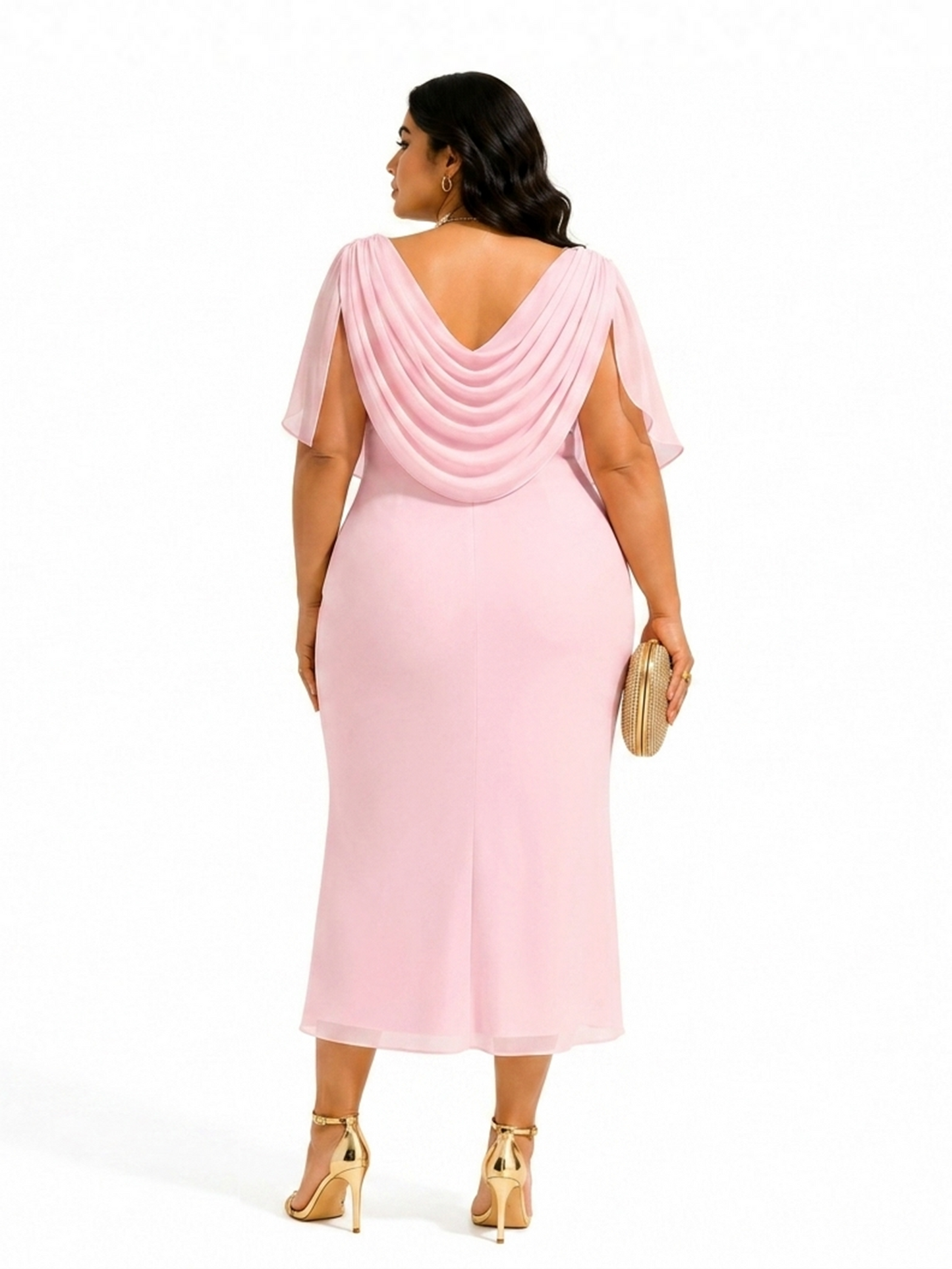 Draped Cowl Neck Midi Dress - Pink