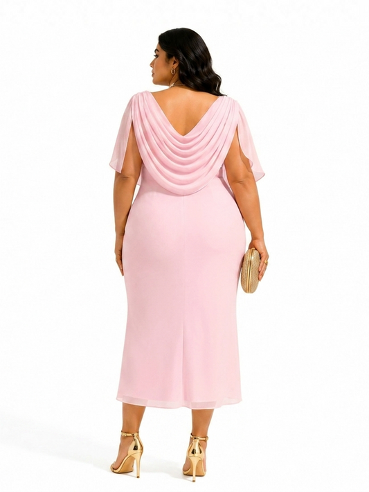 Draped Cowl Neck Midi Dress - Pink
