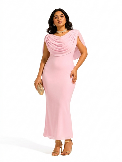 Draped Cowl Neck Midi Dress - Pink