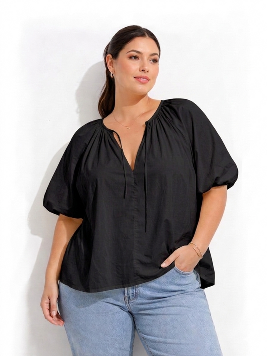 Puff Sleeve Peasent Top - Black